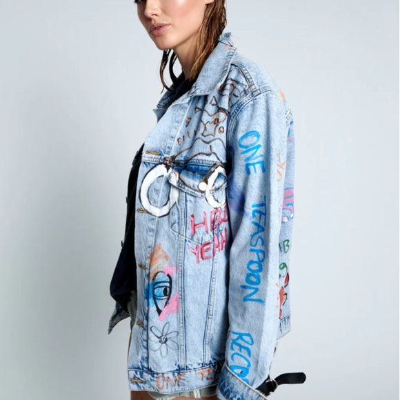 ONETEASPOON Womens Epic Records Graffiti Denim Jacket - Blue Denim - Picture 10 of 10